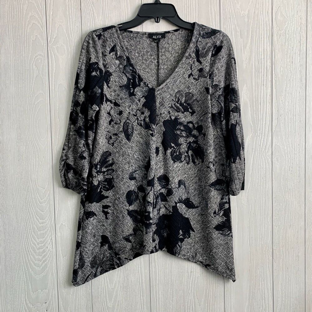 ALYX Gray Black Floral Print 3/4 Sleeve V-Neck Top Size S